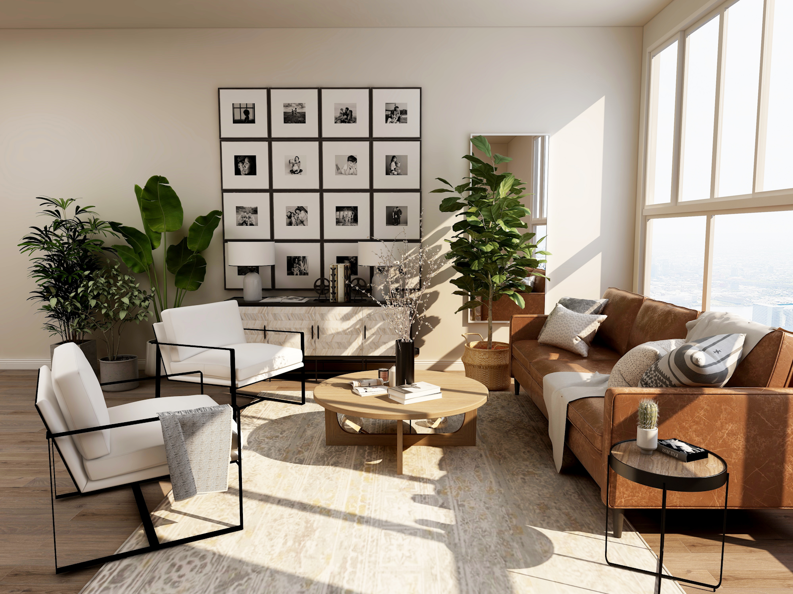 Open living area with sofa and large windows